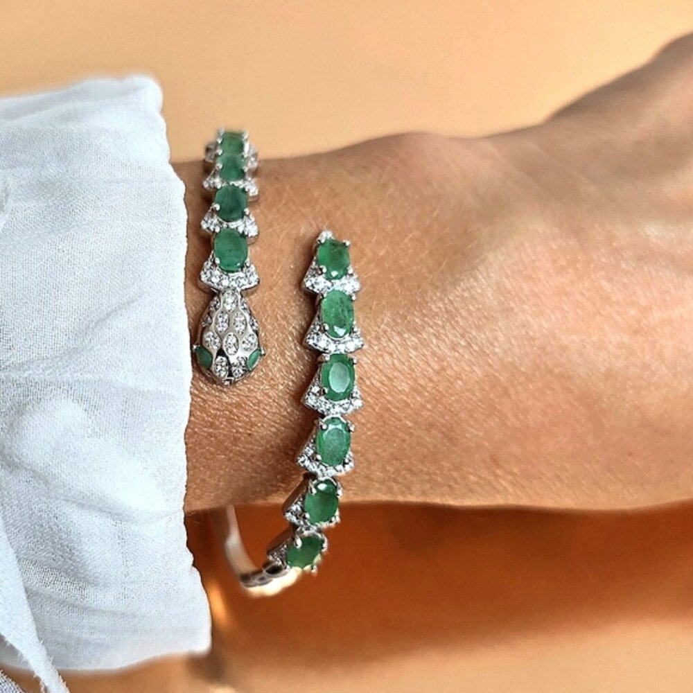 Natural Emerald &CZ 925 Sterling Silver Snake Bangle Bracelet